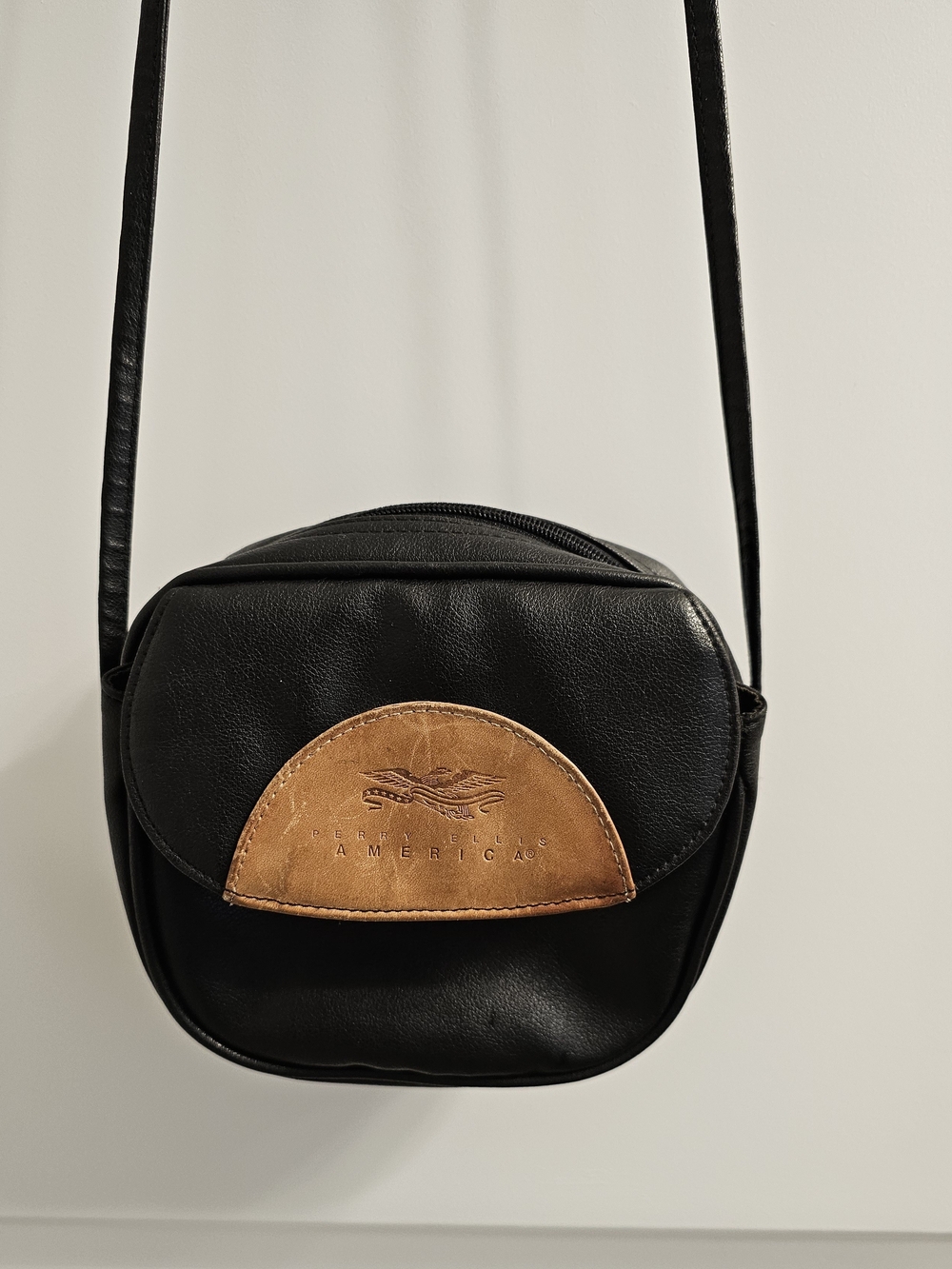 Perry Ellis Black Crossbody with Tan Patch Detail - Picture 2 of 8